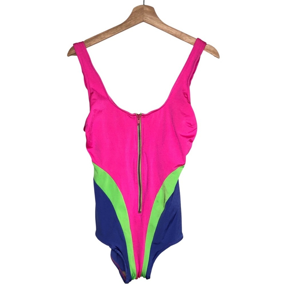 VINTAGE 80s 90s Catalina Neon Pink Green Purple One Piece Zip Front Swimsuit Med